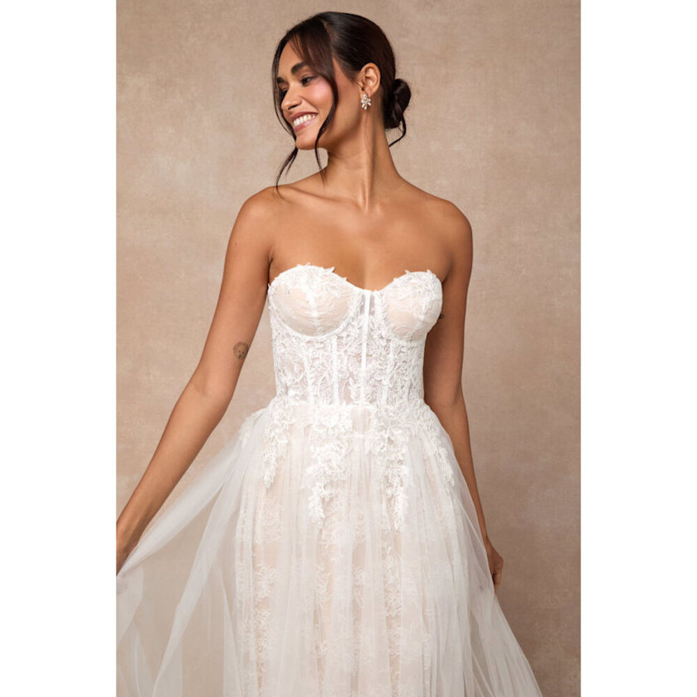 Lulus Colette White And Beige Lace Bustier Maxi Dress - Size L